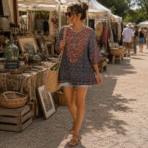 Coldwater Creek Womens Boho Embroidered Tunic Top Mixed Print 3/4 Sleeve Size M